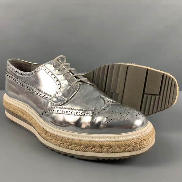 PRADA Silver Perforated Leather Platform Lace-Up Shoes - Picture 5 of 8